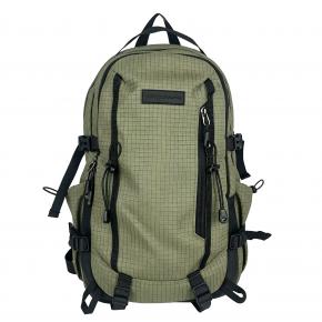 grey green white outdoor backpack, grid ripstop hiking backpack, multi buckle tactical daypack, large capacity travel backpack
